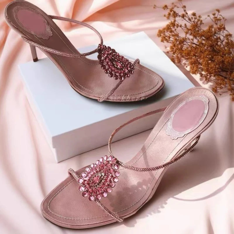 Luxury Diamonds Thin Heels Slippers Women Open Toe Summer Elegant Slides Pink Crystal Designer Brand Banquet Party Sandals Women