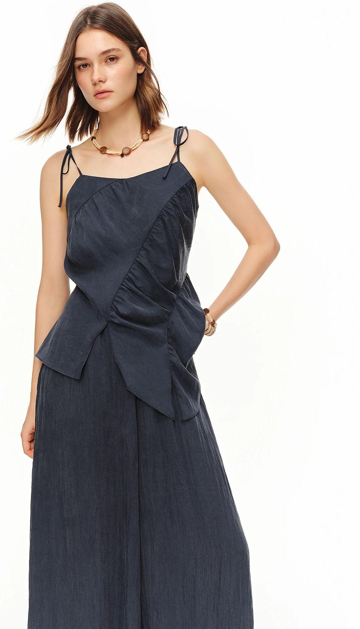 Women Shirred Camisole Trousers Two Piece Set Drawstring Relaxed Fit Lounge Co-ord Beach Casual Vacation Style
