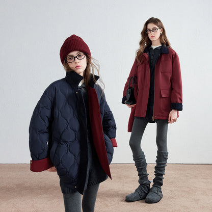 Women Down Jacket New Reversible Workwear Quilted Mid Length Loose