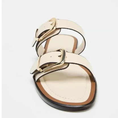 Brown Metal Buckle Brand Sandals Women Slides Open Toe