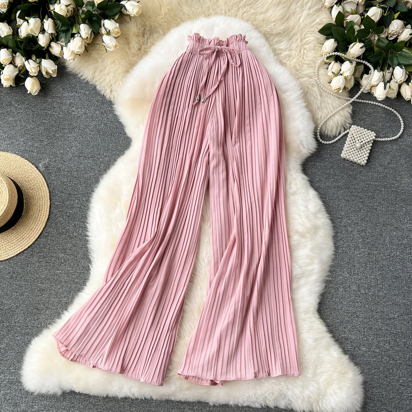 Basics Casual Pants Women Summer Oversize Draped Wide Legs Pants High Waist Solid Long Pleated Trousers