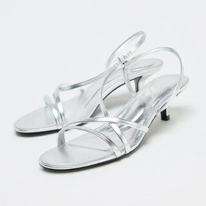 Designer Gold Silver Narrow Heel Sandals