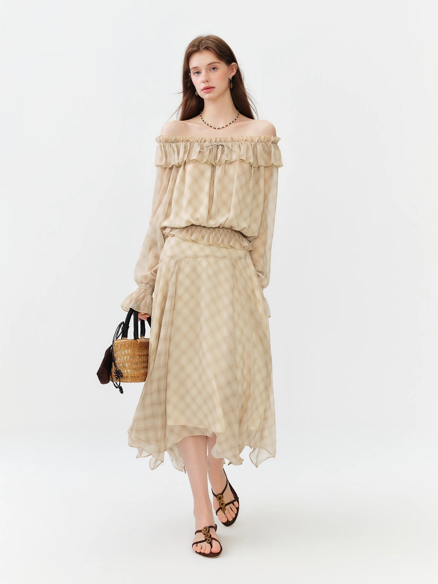 New Arrival One-Shoulder Plaid Shirt Top and Long Skirt  French-Style Ruffled A-Line Chiffon Skirt Set Elegant