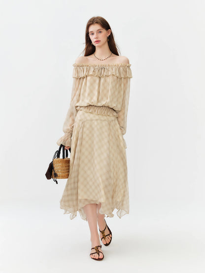New Arrival One-Shoulder Plaid Shirt Top and Long Skirt  French-Style Ruffled A-Line Chiffon Skirt Set Elegant