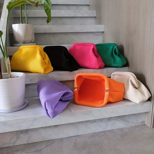 Trendy Solid Color Women Beach Clutch Bag Large Capacity Hollow Out Banquet Bag Soft Elastic Dumpling Purse Summer Season