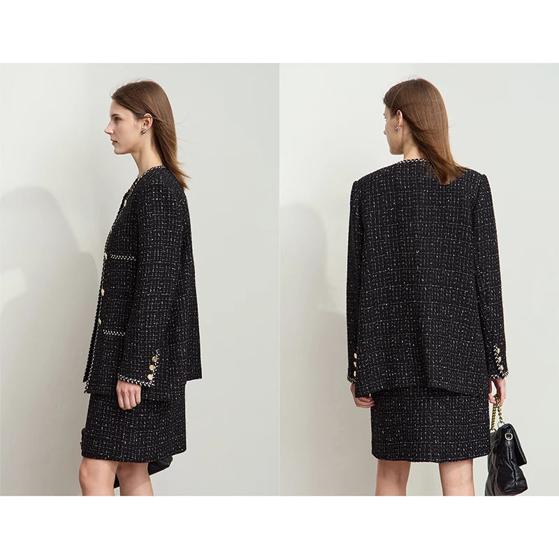 Women's Woolen Coat Elegant O-Neck Plaid Medium Long