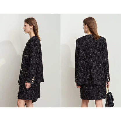 Women's Woolen Coat Elegant O-Neck Plaid Medium Long