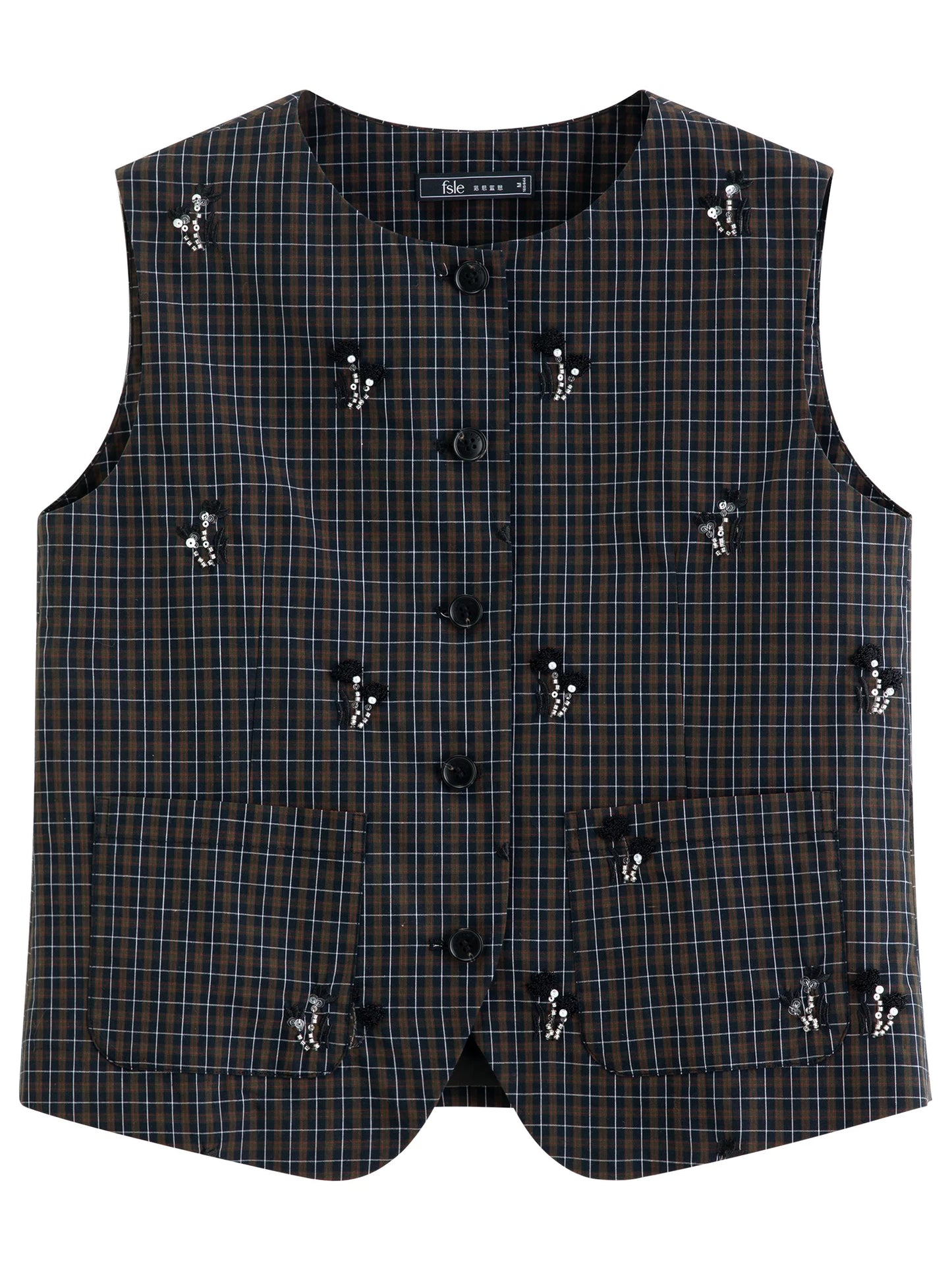 Women's New Vintage Beaded Black Plaid Tweed Vest & Skirt Set | Elegant Lady Two-Piece Outfit