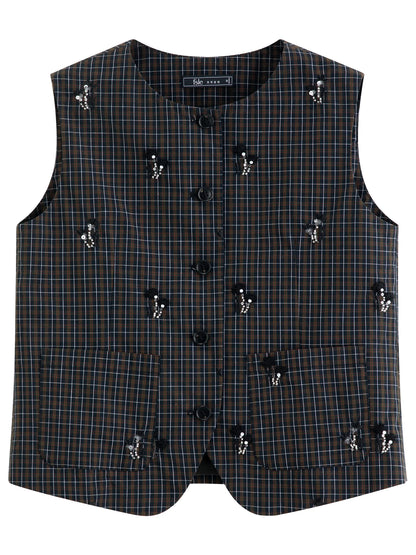 Women's New Vintage Beaded Black Plaid Tweed Vest & Skirt Set | Elegant Lady Two-Piece Outfit