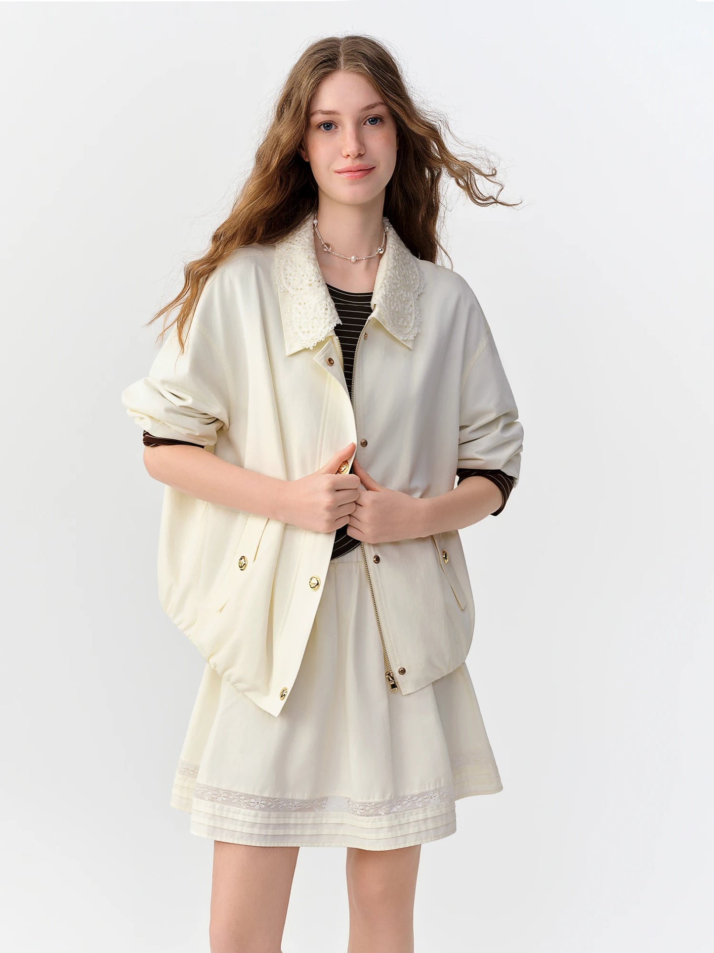 New Fall Women's Removable Lace Collar Long Sleeve Jacket & Skirt Set, Two-Way Blazer Set for Versatile Office Style
