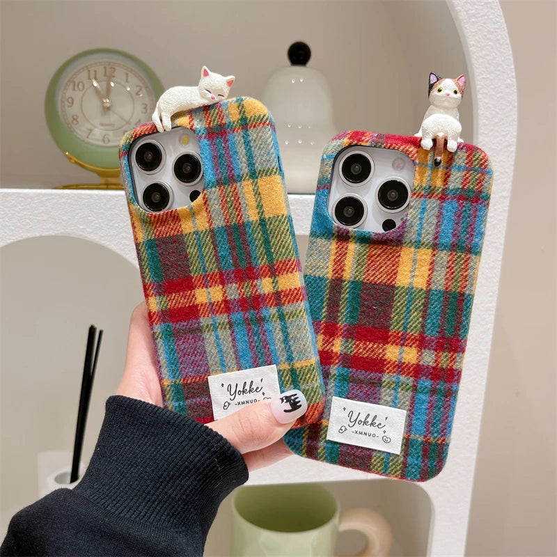 Fashion Warm Plush Plaid Grid Pattern 3D Cat Case For iPhone 16 15 14 13 12 Pro Max Creative Bumper Back Cover