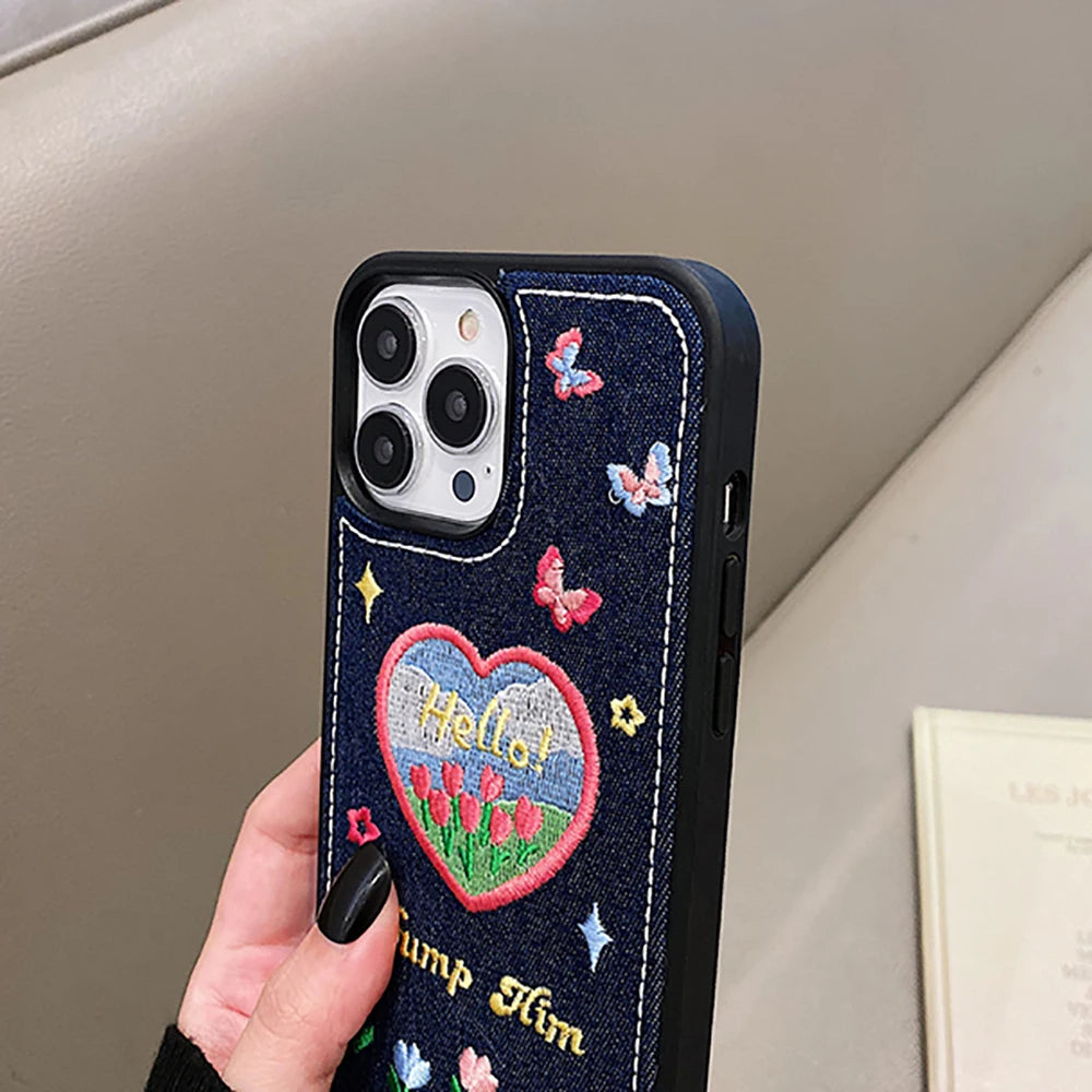 Cute Denim Fabric Embroidery Flower Winter Warm Phone Case For iPhone 15 14 13 12 11 16 Pro Max XS XR X Silicone Cover Protector