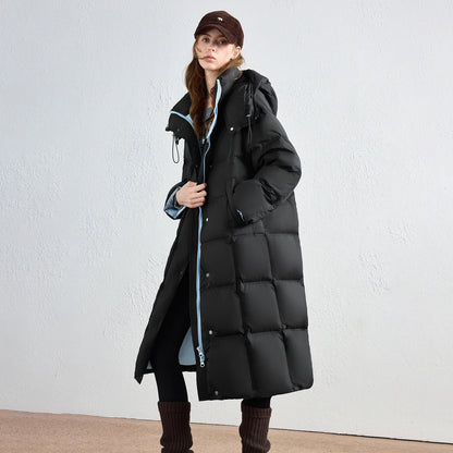 Women Down Jacket New Long Thick Nordic Outdoor Hooded White Duck Down Baffleless Down Proof Outerwear