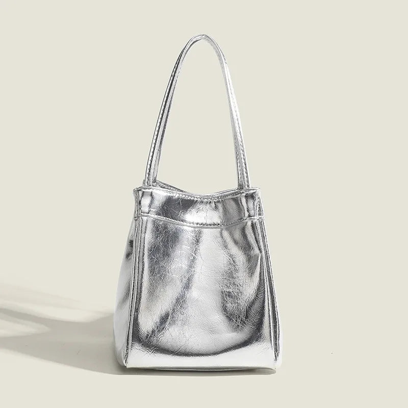 Silver bucket bag for women 2024 new fashionable and simple lunch box bag,niche western-style texture hand-held small bag