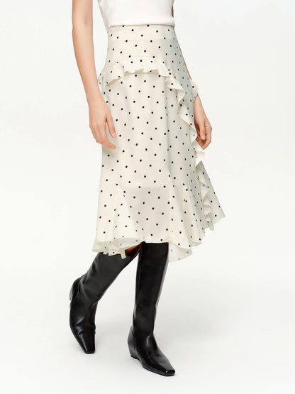 Irregular Ruffle Polka Dot Midi Skirt New Spring High-waisted A-line Skirt for Commuting Knee-length