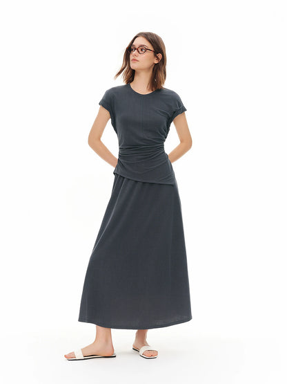 Women's New Minimalist Urban Two-Piece Set Simple Premium Short Sleeves Top Long Skirt Outfit Multi-Size Sets