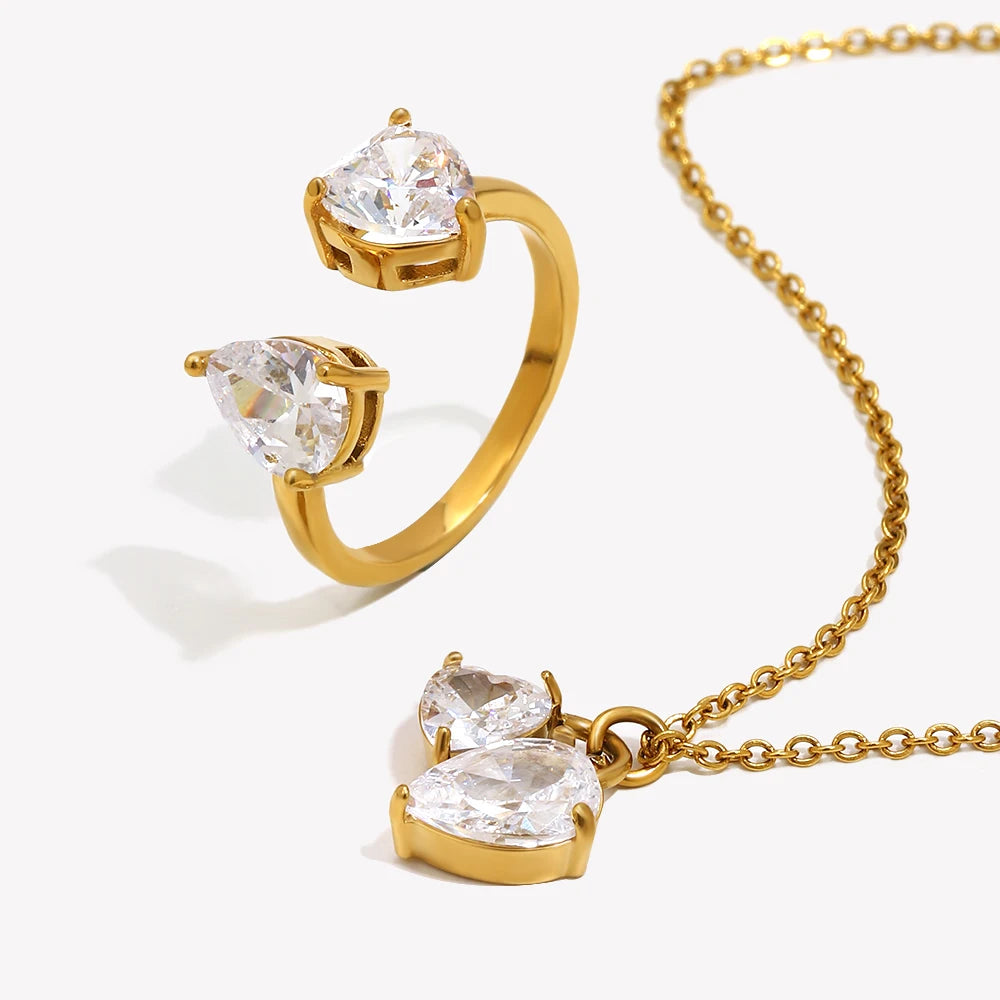 18K Gold Plated Heart CZ Jewelry Set Stainless Steel Hypoallergenic Necklace Open Ring Sets Fashion Luxury Jewelry