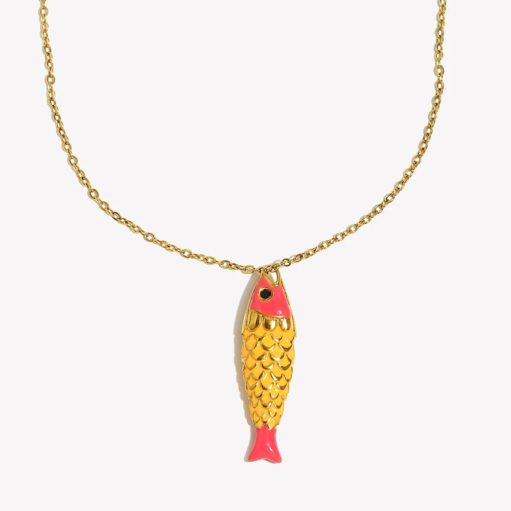 Colorful Lucky Enamel Fish Pendant Necklace Waterproof 316L Stainless Steel 18K Gold Plated Jewelry Accessories