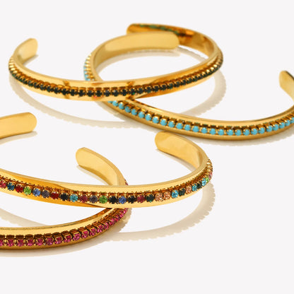 Fashion Waterproof Stainless Steel Shiny Colorful Turquoise Rhinestone Cuff Bracelets For Women
