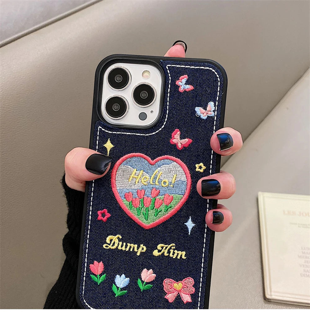 Cute Denim Fabric Embroidery Flower Winter Warm Phone Case For iPhone 15 14 13 12 11 16 Pro Max XS XR X Silicone Cover Protector