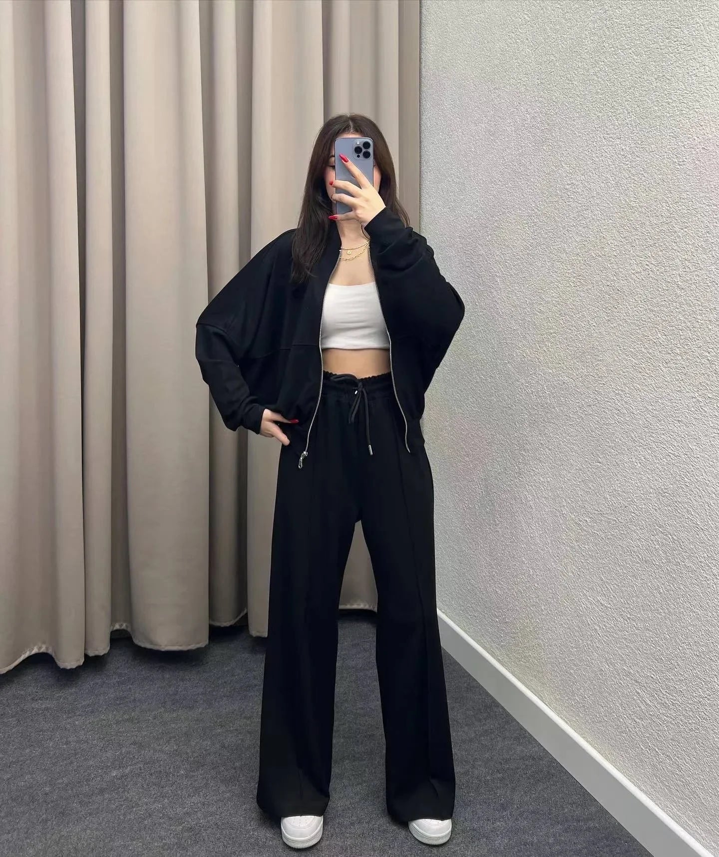 Two Piece Sets Round Fashion Simple Jacket Casual Straight Leg Pants Autumn Winter High Street Lady Suit