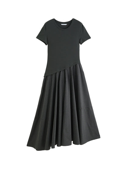 Summer Women Bias-Cut Patchwork Midi Dress Short Sleeve Lyocell Shirt Dress Urban Commute Modern Minimalist Style