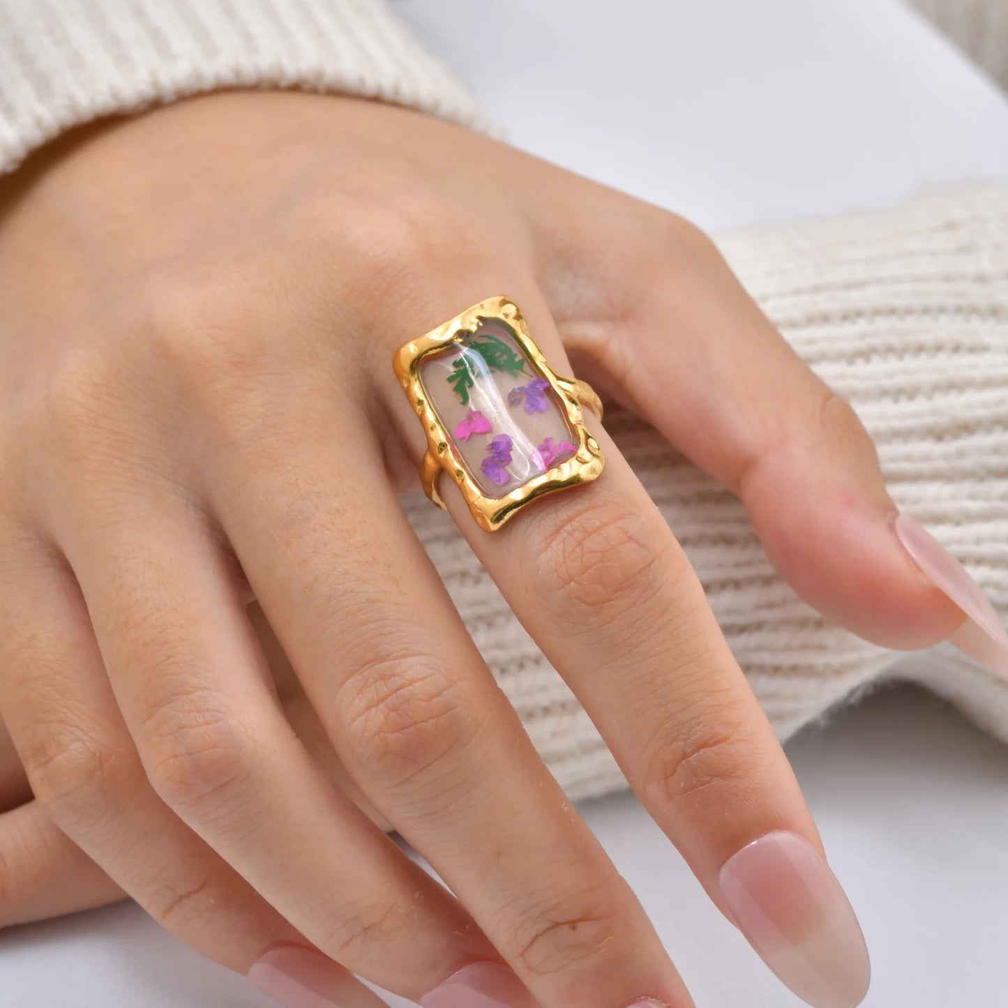 Stainless Steel Rings for Women Dried Flower Resin Jewelry Dainty Geometric Open Adjustable Vintage Floral Rings Waterproof