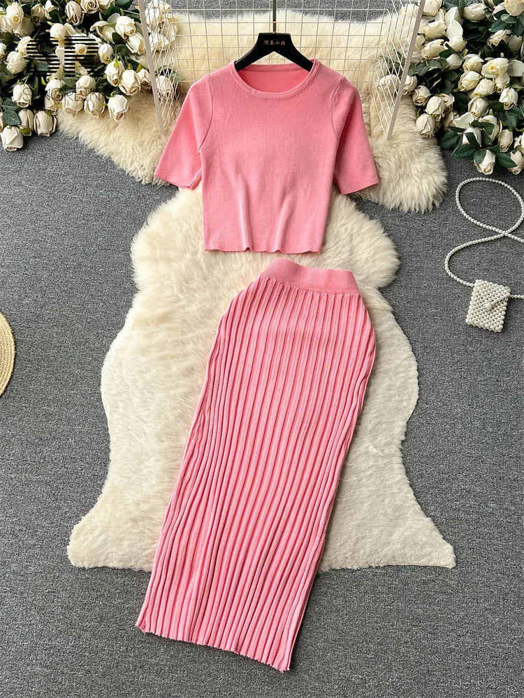 Two Piece Sets Women Top Elastic Waist Long Skirt