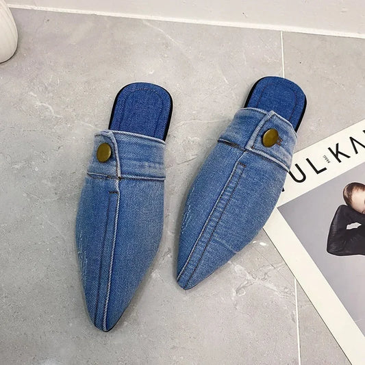 Denim Slippers Women Flat Mules Shoes Fashion Casual Slide Flip-flops Ladies Blue Designer Sandal Pointed Toe Classic Jean Mules