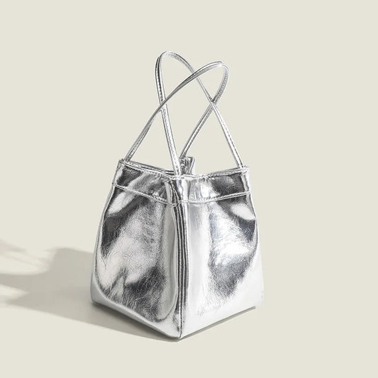 Silver bucket bag for women 2024 new fashionable and simple lunch box bag,niche western-style texture hand-held small bag