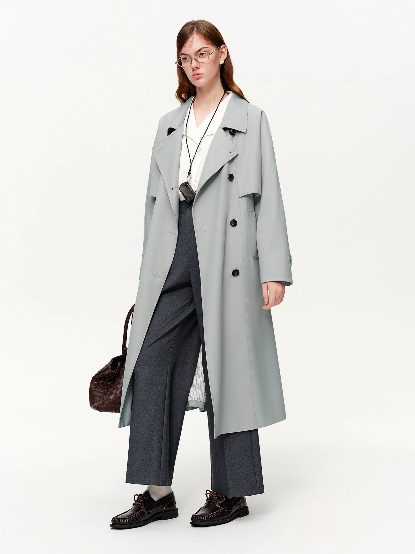 Classic Khaki Double Breasted Long Trench Coat - Spring Oversized Lapel Coat with Belted Waist for Casual and Office Wear