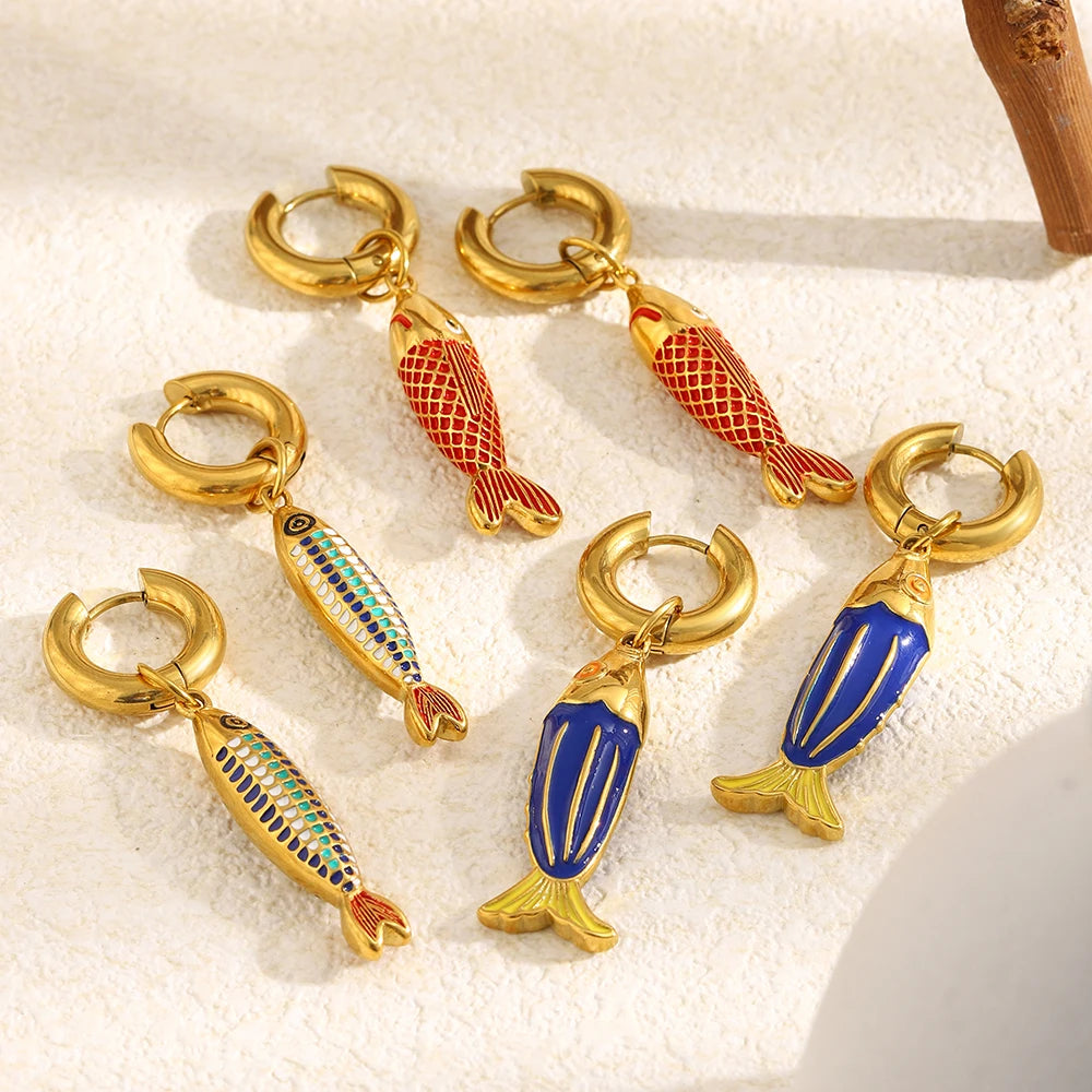 Colored Blue Green Oil Dripping Fish Earrings Enamel Hoop Earring Women's Hypoallergenic Tarnish Free Jewelry