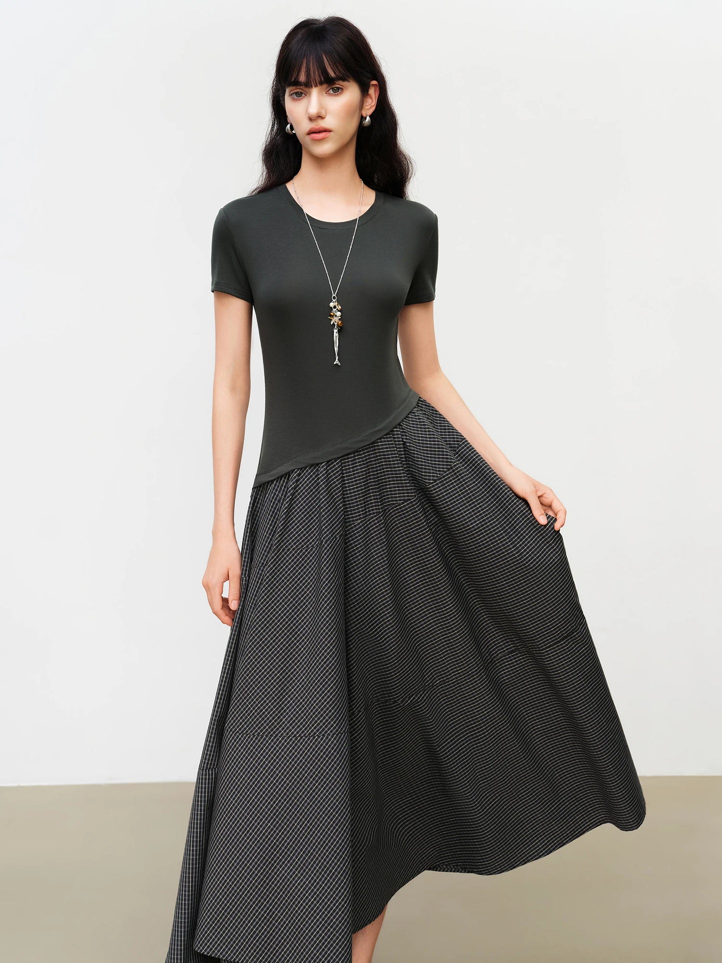 Summer Women Bias-Cut Patchwork Midi Dress Short Sleeve Lyocell Shirt Dress Urban Commute Modern Minimalist Style