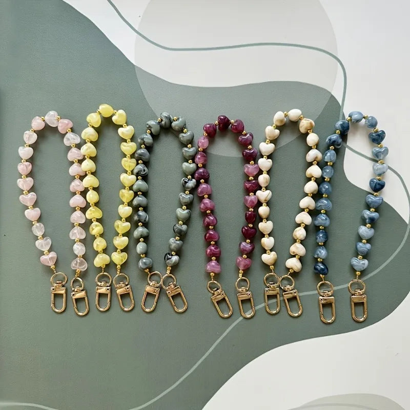 Fashion Acrylic Mobile Phone Chain Love Heart Pendant Beaded Telephone For Women