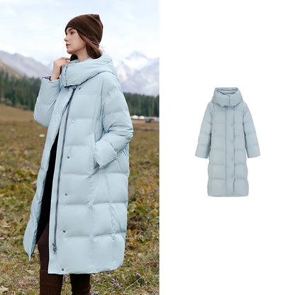 Women Down Jacket New Long Thick Nordic Outdoor Hooded White Duck Down Baffleless Down Proof Outerwear