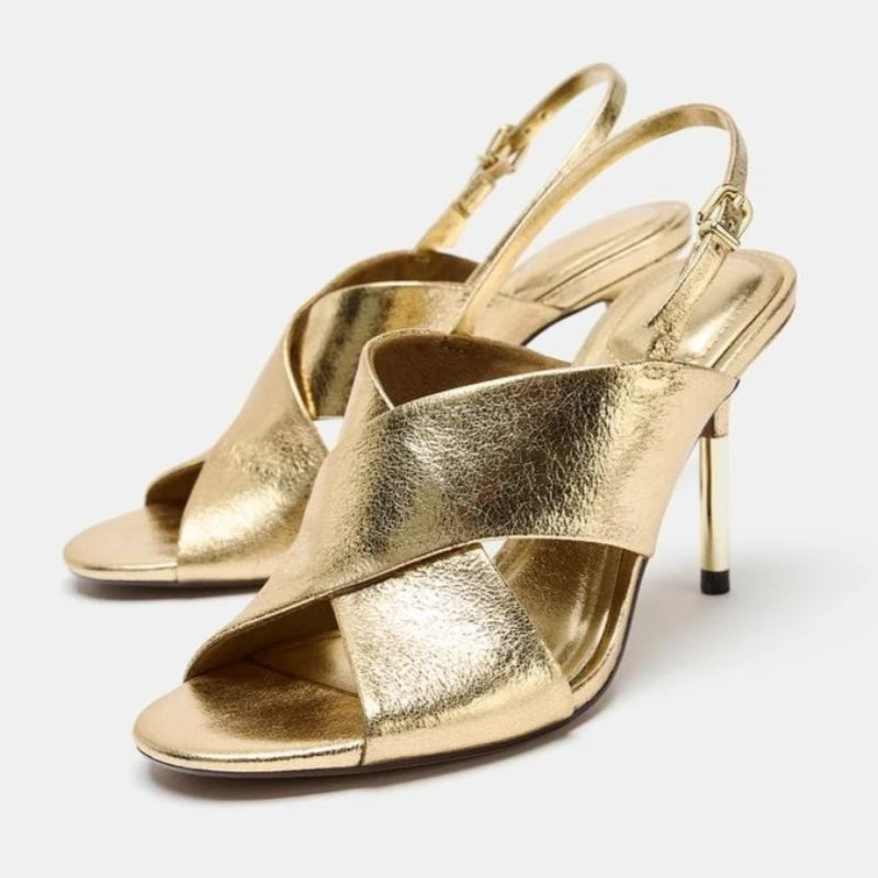 Luxury Designer Women Heels Sandals Gold Sexy Peep Toe Thin Heeled Party Shoes