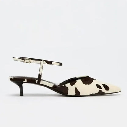 Suede Designer Pumps Woman Ankle Strap Pointed Toe High Heels Female Cow Pattern Fashion
