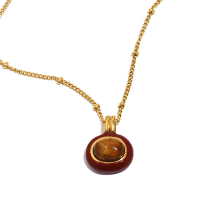 Enamel Framed Natural Stone Pendant Necklace 18K Gold Plated Stainless Steel Chain Hypoallergenic