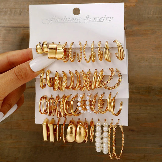 48 Pcs Boho Big Circle Hoop Earring Sets for Women Gold Color Bohemia Vintage Pearl Earring Heart