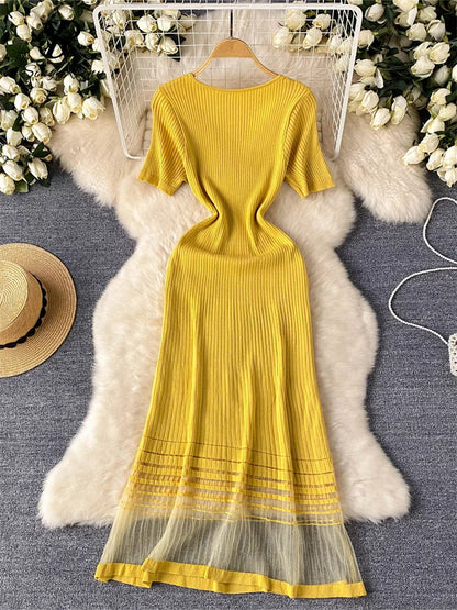 Summer Long Dress O Neck Short Sleeves Mesh Patchwork Design Ladies