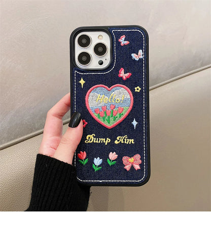 Cute Denim Fabric Embroidery Flower Winter Warm Phone Case For iPhone 15 14 13 12 11 16 Pro Max XS XR X Silicone Cover Protector