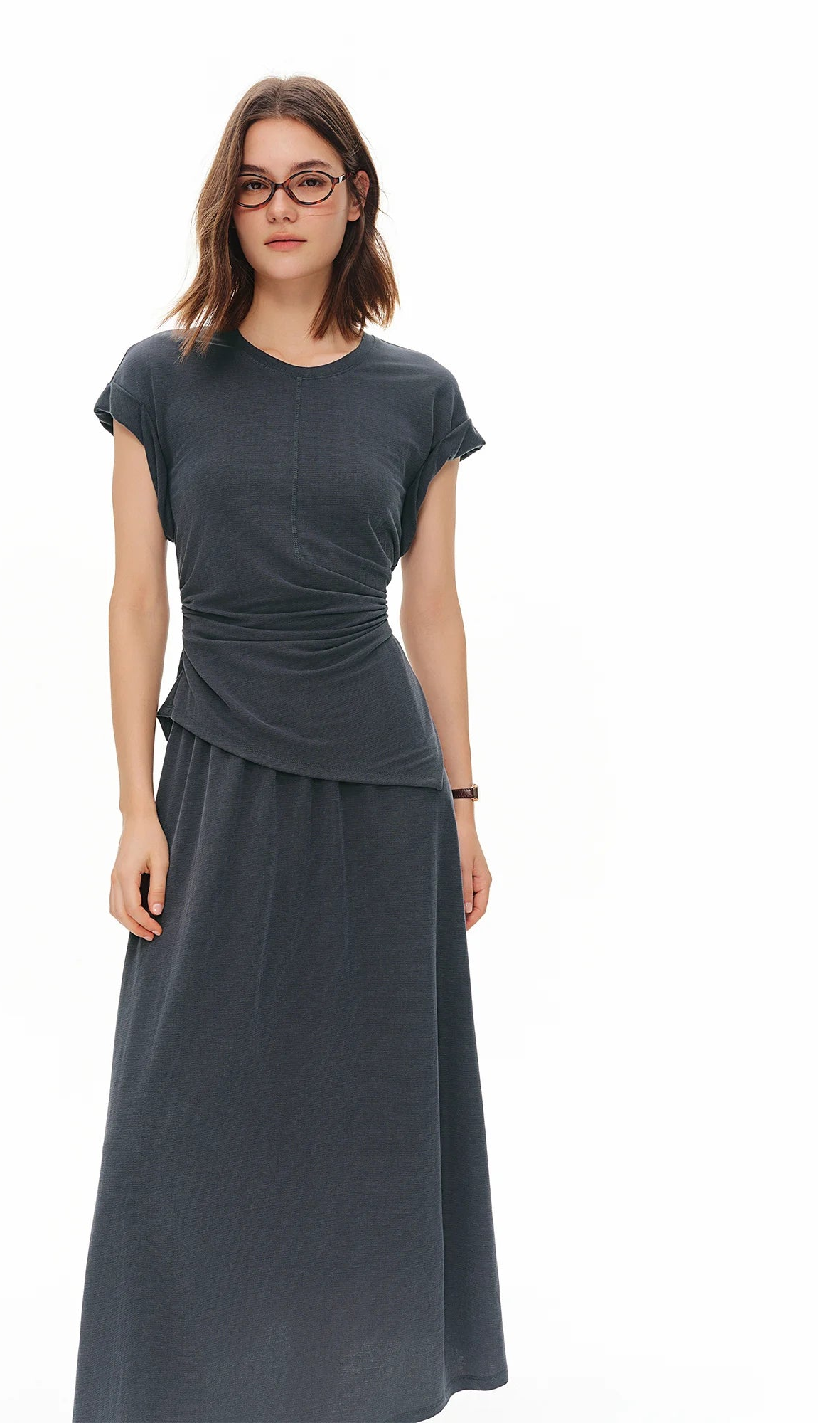 Women's New Minimalist Urban Two-Piece Set Simple Premium Short Sleeves Top Long Skirt Outfit Multi-Size Sets