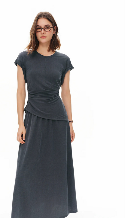 Women's New Minimalist Urban Two-Piece Set Simple Premium Short Sleeves Top Long Skirt Outfit Multi-Size Sets
