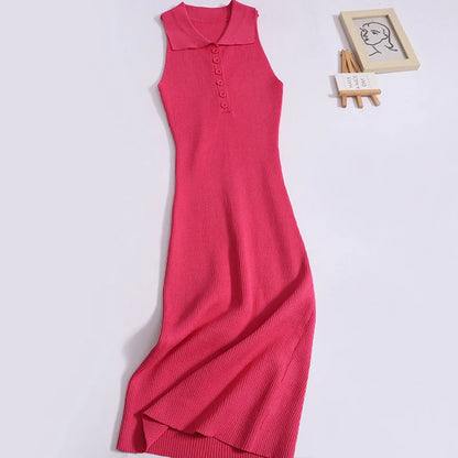 Women Summer New Dress Button Sleeveless Knit Solid Bodycon Dress Versatile Slim Worn Outside Elastic Dress