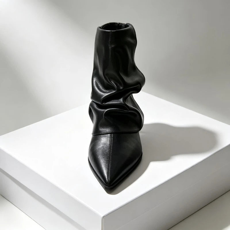 Pleated Boots Women Black Pointed Toe High Heels Short Boots