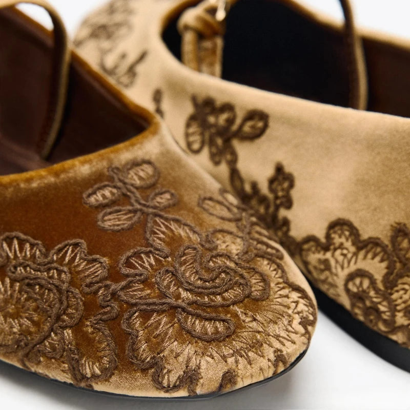 Embroidered Designer Ballet Flats Women Velvet Round