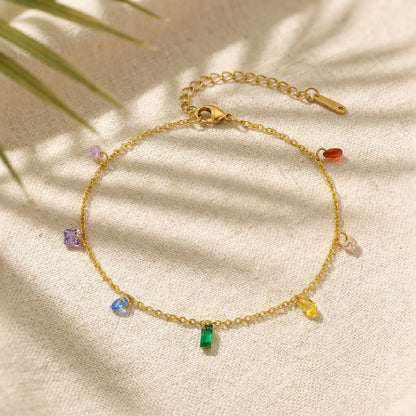 Colorful Cubic Zirconia Anklet for Women Waterproof Anti Tarnish Stainless Steel Summer Beach Foot Jewelry