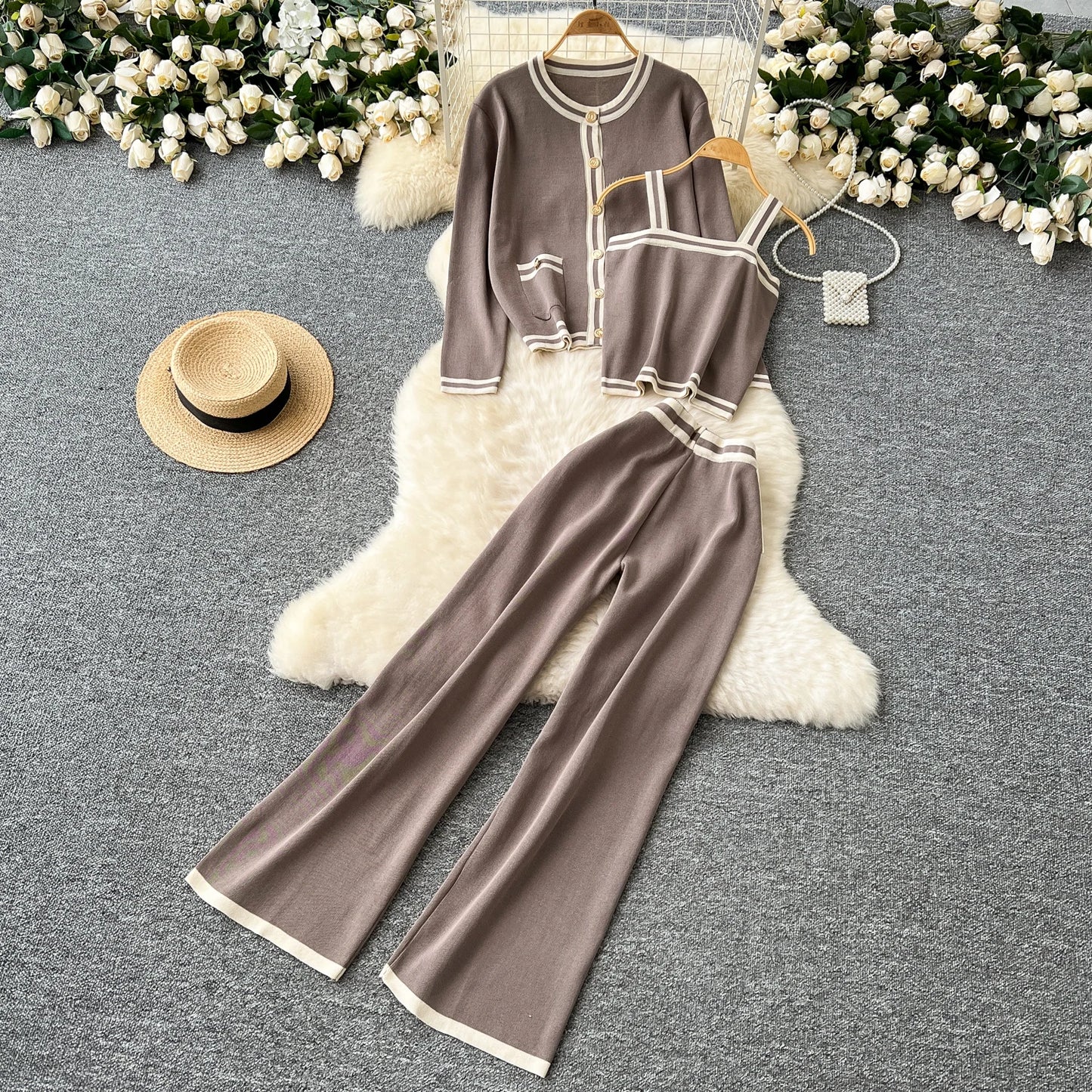 Women Three-Piece Sets Slim Single Breasted Coat Straps Camis Top High Waist Wide Leg Pants High Street Autumn Winter Clothing