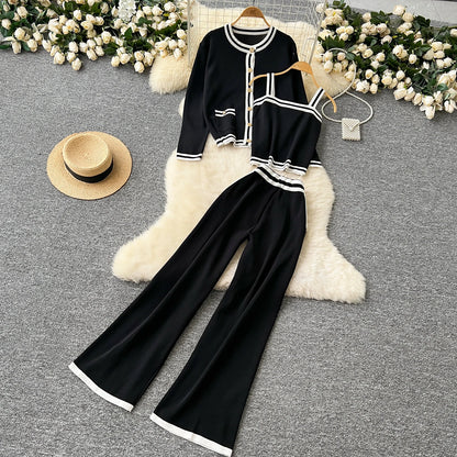 Women Three-Piece Sets Slim Single Breasted Coat Straps Camis Top High Waist Wide Leg Pants High Street Autumn Winter Clothing