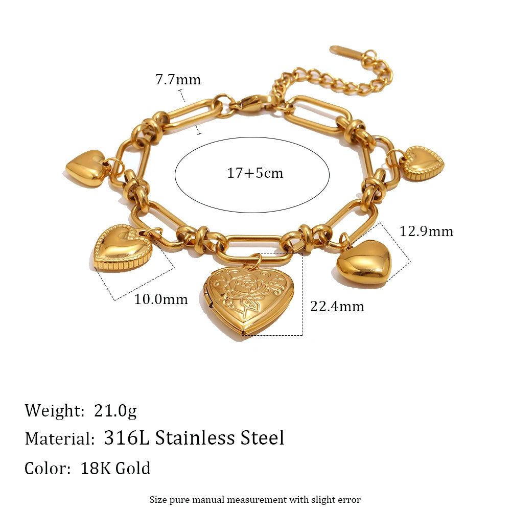 18K Gold Plated Heart Pendant Bracelet Stainless Steel Paperclip Jewelry For Women
